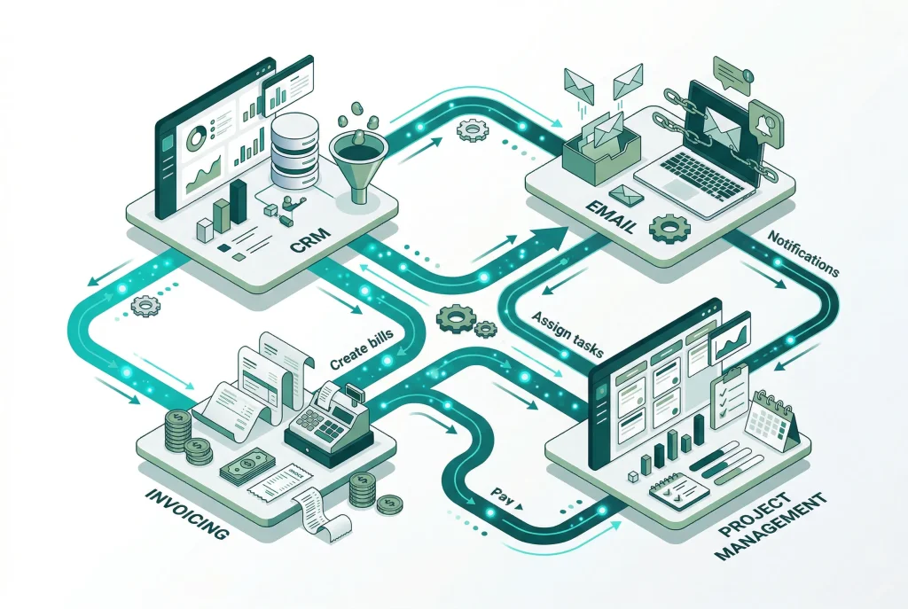 Overzicht van gekoppelde business tools en systemen met automatische datastromen