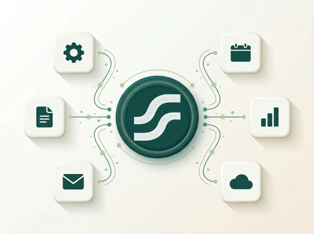 Illustratie van losse bedrijfssystemen die via lijnen samenkomen in het centrale FlowSync integratieplatform