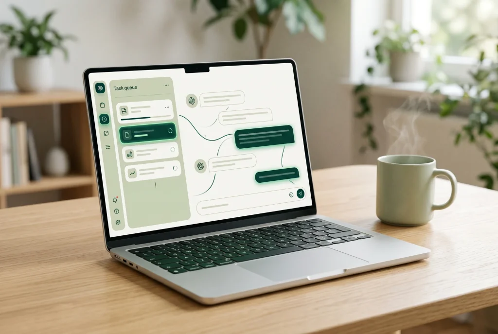 Laptop op een keukentafel toont een overzichtelijk schema van een AI-agent workflow, naast een dampende mok koffie
