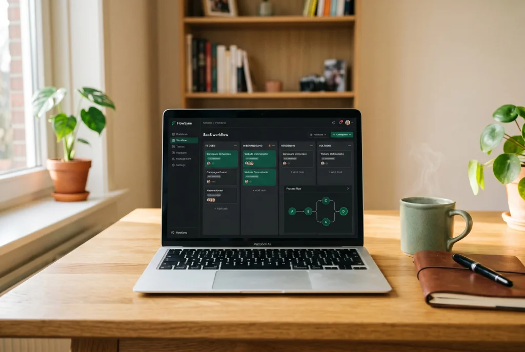 MacBook met FlowSync workflow-dashboard op een houten bureau, met procesflow-diagram, planten en notitieblok in de werkplek van een MKB-ondernemer