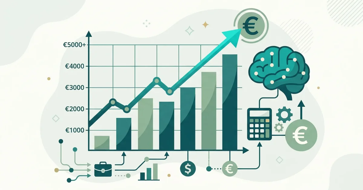 ROI berekening AI procesoptimalisatie - stijgende grafiek met euro symbolen en AI brain