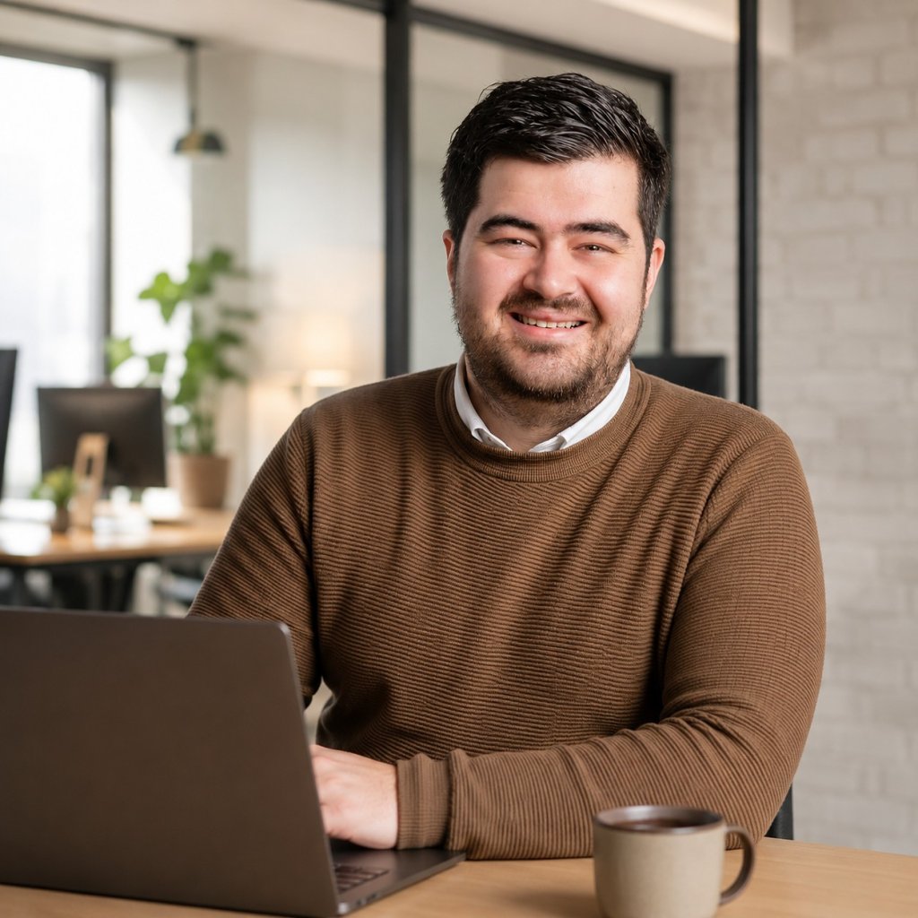 Remco Snoeren achter zijn laptop aan een werktafel in een licht kantoor.